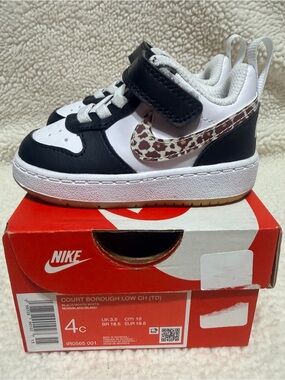 Nike Kids Black and White Sneakers with Leopard-Print Swoosh